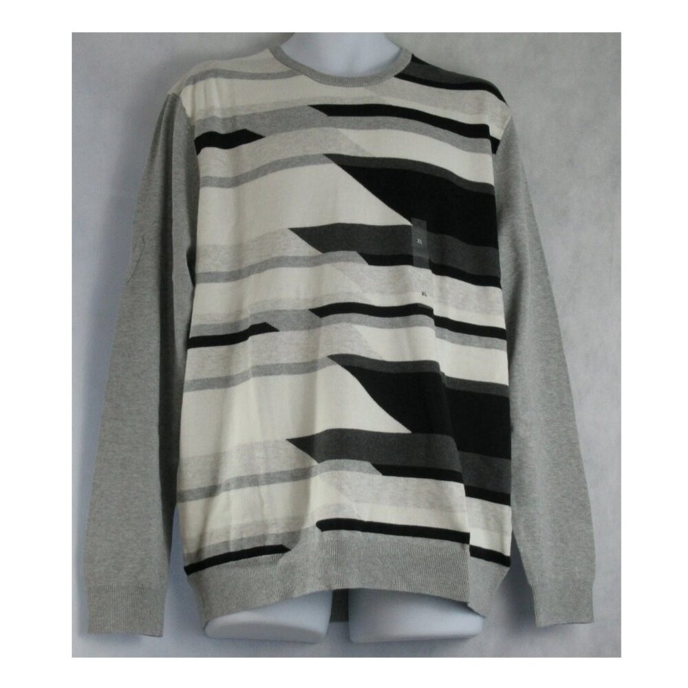 Alfani Men's Lightweight Geometric 100% Cotton Crewneck Sweater, Gray Multi